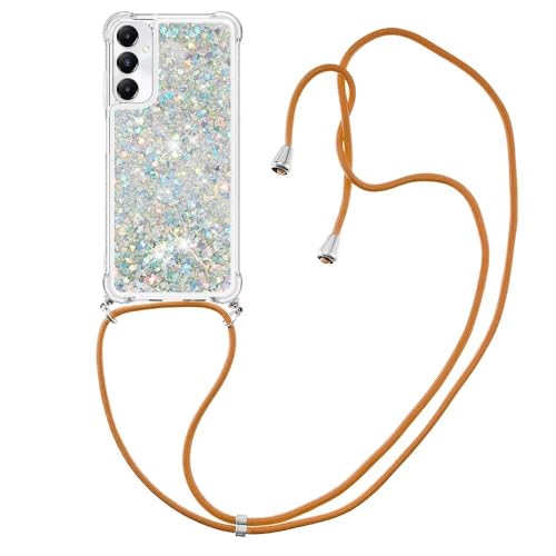 Bnvdfre Handykette für Samsung Galaxy A25 5G Hülle mit Band, Handyhülle Silikon Durchsichtig Transparent Floating Flüssig Glitzer mit Kordel Umhängenband TPU Stylische Schutzhülle Case - Sliver Heart von Bnvdfre