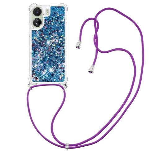 Bnvdfre Handykette für Xiaomi Redmi 13C Hülle mit Band, Handyhülle Silikon Durchsichtig Transparent Floating Flüssig Glitzer mit Kordel Umhängenband TPU Stylische Schutzhülle Case - Blue Heart von Bnvdfre