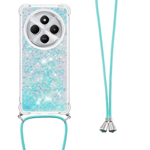Bnvdfre Handykette für Xiaomi Redmi 14C Hülle mit Band, Handyhülle Silikon Durchsichtig Transparent Floating Flüssig Glitzer mit Kordel Umhängenband TPU Stylische Schutzhülle Case - Silver Blue Star von Bnvdfre