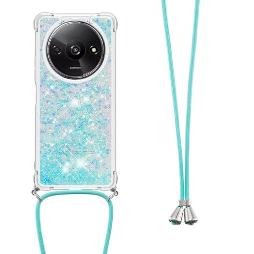 Bnvdfre Handykette für Xiaomi Redmi A3 Hülle mit Band, Handyhülle Silikon Durchsichtig Transparent Floating Flüssig Glitzer mit Kordel Umhängenband TPU Stylische Schutzhülle Case - Silver Blue Star von Bnvdfre