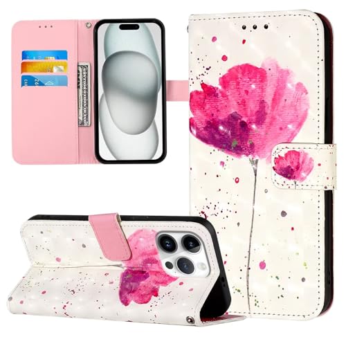 Handyhülle für iPhone 15 Hülle Leder Muster Klappbar [Kartenschlitzen] [Magnetverschluss] [Standfunktion] Schutzhülle Motiv TPU Stoßfest Cover Case - Blume von Bnvdfre