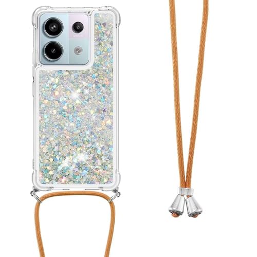 Handykette für Xiaomi Redmi Note 13 Pro Plus 5G / Note 13 Pro+ 5G Hülle mit Band Handyhülle Silikon Transparent Floating Flüssig Glitzer mit Kordel Umhängenband Tpu Schutzhülle Case - Sliver Heart von Bnvdfre