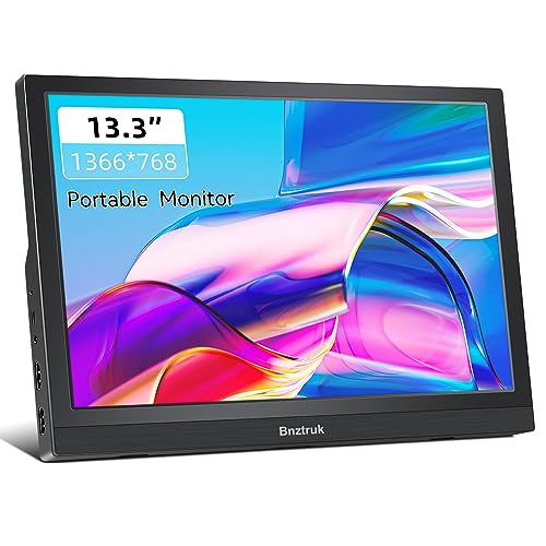 Bnztruk Tragbarer Monitor 13.3 Zoll Portable Monitor HDMI Klein Externer HD 1366X768 Bildschirm mit HDMI für Laptop PS4 Xbox Computer Raspberry Pi,60HZ,PC 16:9,Plug & Play,Schlank & leicht von Bnztruk