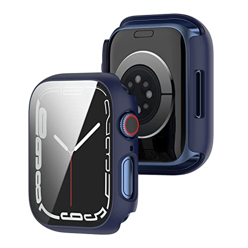 BoLuo 2 Stück Hülle Kompatibel mit Apple Watch Series 7 45mm mit Gehärteter Film,Schutzhülle Cover Leicht Weiche Silikon Kratzfest Plating PC Case Abdeckung Tasche für iWatch Series 7 45mm (Navy blau) von BoLuo