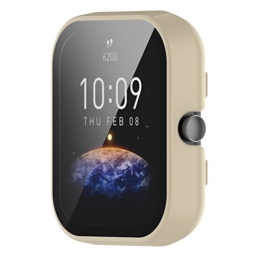 BoLuo Hülle Kompatibel mit Huami Amazfit Bip 3 Pro Skins mit Gehärteter Film, Clear TPU Cover Silikon Kratzfest Plating PC Case Abdeckung Tasche für Huami Amazfit Bip 3 /Bip 3 Pro Watch (Beige) von BoLuo