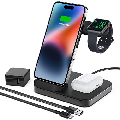 Boaraino Fast Wireless Charger, 3 in 1 Kabellose Ladestation für iPhone 14/14 Max/iPhone 13/13 Mini/13 Pro/13 Pro Max/12/11/X/8, Apple Watch 8/7/SE/6/5/4/3, Airpods 2/3/Pro (Mit QC 3.0 18W Adapter) von Boaraino