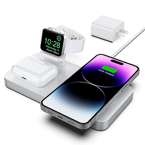 Boaraino Magnetisch Wireless Charger, 3 in 1 Magnetischer Kabellose Ladestation für iPhone 15/14/13/12 Serie, Apple Watch Ultra/SE/9/8/7/6/5/4/3, AirPods Pro 2/Pro/3 (Mit 18W QC 3.0 Adapter) von Boaraino