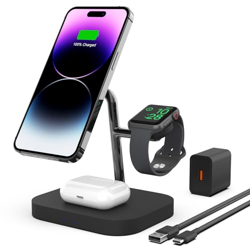 Wireless Charger, Boaraino Magnetische 3 in 1 Kabellose Ladestation Kompatibel mit iPhone 15/14/13/12 Serie, Apple Watch 9/8/7/6/SE/5/4/3, AirPods 2/3/Pro von Boaraino