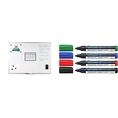 BoardsPlus Magnetisches Whiteboard 90 x 60 cm, Mit Aluminiumrahmen und Stifteablage, Tocken Abwischbar & Schneider Maxx 290 Marker (Rundspitze 2-3 mm Strichstärke) Etui mit 4 Farben von BoardsPlus