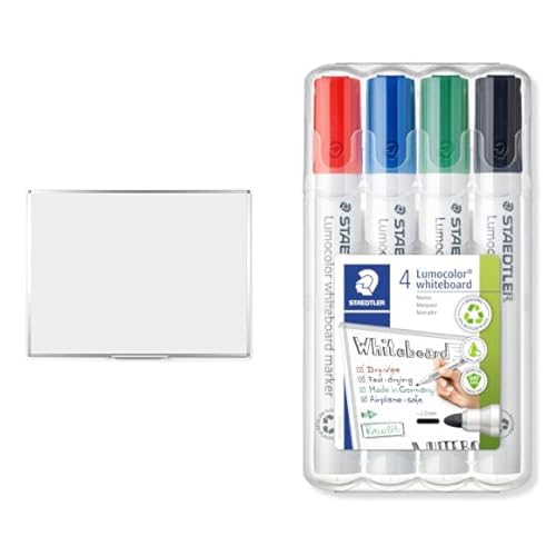 BoardsPlus Magnetisches Whiteboard 90 x 60 cm, Mit Aluminiumrahmen und Stifteablage, Tocken Abwischbar & Staedtler Lumocolor WP4 Whiteboard-Marker (Rundspitze ca. 2 mm Linienbreite, Set mit 4 Farben) von BoardsPlus
