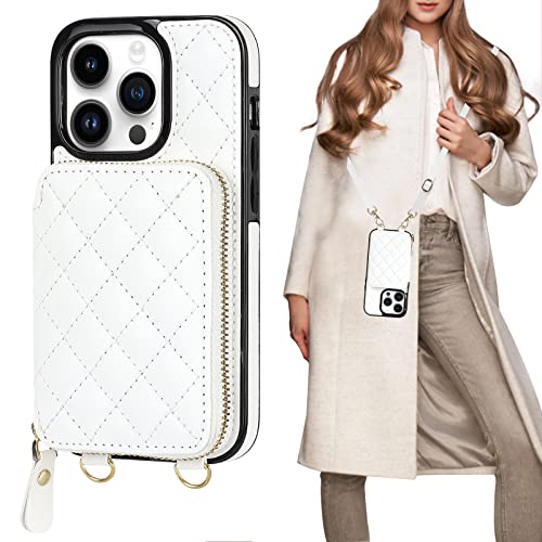 Bocasal Crossbody Wallet Case for iPhone 14 Pro, RFID Blocking PU Leather Zipper Handbag Purse Flip Cover, Kickstand Folio Case with Card Slots Holder Wrist Strap Lanyard 5G 6.1 Inch (White) von Bocasal