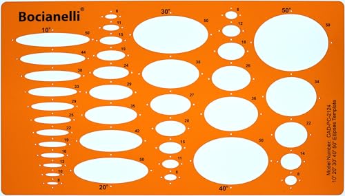 Schablone Ellipse Ellipsen 10 20 30 40 50 Grad Normograph-Symbole – Technische Zeichnung Zeichnung Illustration von Bocianelli