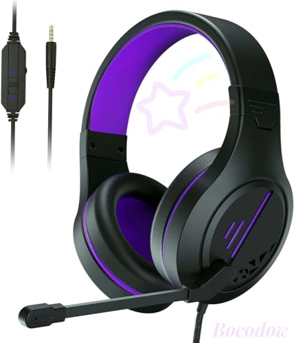 Bocodow Lila Gaming Headset mit Mikrofon für PC Xbox PS4 PS5, Wired Over-Ear Gaming Kopfhörer mit Mikrofon Lautstärke Cotrol für Spiel/Arbeit/Schule von Bocodow