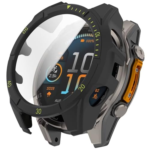 BoerHang Hülle Kompatibel mit Garmin Tactix 8 AMOLED 47mm, Hartes PC-Antikollisionsgehäuse+Schutzfolie aus Gehärtetem Glas, Hülle Kompatibel mit Garmin Tactix 8 AMOLED 47mm.(Schwarz Grün) von BoerHang