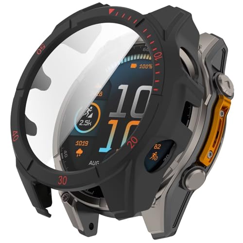 BoerHang Hülle Kompatibel mit Garmin Tactix 8 AMOLED 51mm, Hartes PC-Antikollisionsgehäuse+Schutzfolie aus Gehärtetem Glas, Hülle Kompatibel mit Garmin Tactix 8 AMOLED 51mm.(Schwarz und Rot) von BoerHang