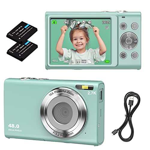 Digitalkamera, Autofokus-Vlogging-Kamera FHD 2,7 K 48 MP mit 2,8 Zoll großem Bildschirm, 16-facher Digitalzoom, tragbare Mini-Kamera für Teenager, Kinder, Erwachsene, Anfänger (grün) von Bofypoo