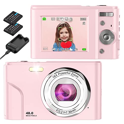 Digitalkamera, Bofypoo Fotokamera Autofokus 32G Karte FHD 1080P 48MP mit 16-fachem Digitalzoom, Kompaktkamera Tragbare Minikamera für Jugendliche, Kinder, Studenten, Anfänger (Rosa) von Bofypoo