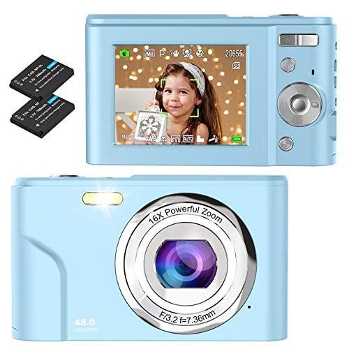 Digitalkamera, Bofypoo Fotokamera Autofokus 32G Karte FHD 1080P 48MP mit 16-fachem Digitalzoom, Kompaktkamera Tragbare Minikamera für Jugendliche, Kinder, Studenten, Anfänger (Schwarz) (Hellblau) von Bofypoo