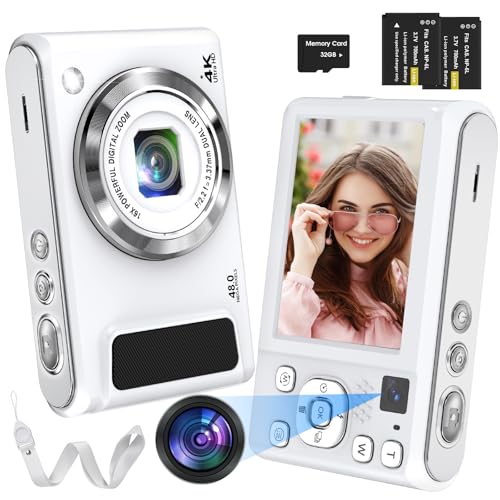Weiße Digitalkamera, Bofypoo 4K, 48 MP Autofokus-Digitalkamera mit 32G-Speicherkarte, Doppelkameras vorne und hinten mit 16-fachem Digitalzoom von Bofypoo