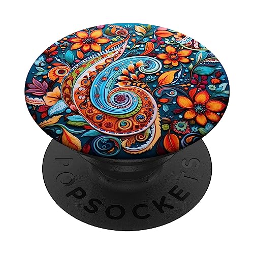 Lebendiges blaues und orangefarbenes Paisleymuster PopSockets mit austauschbarem PopGrip von Boho Flower Designs