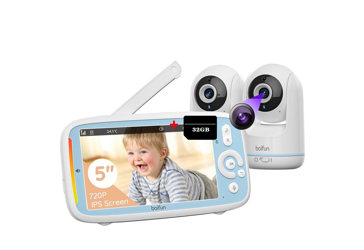 Boifun Babyphone 5" Babyphone mit 2 Kamera Temperaturüberwachung Wiegenlieder Kamera, Temperaturüberwachung Schlaflied Wecker,VOX-Modus, 940nm unsichtbare infrarot-Nachtsicht,Unterstutzt bis zu 4 Kameras, Video Babyfon mit App, 3×Zoom, IR-Nachtsicht, 2-Wege-Audio von Boifun