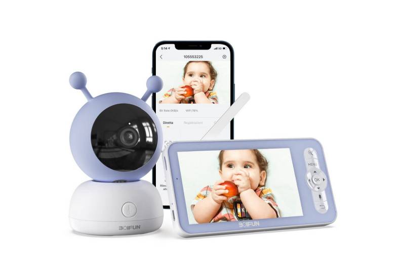 Boifun Babyphone 5" Video Babyphone Babyphone mit Kamera App 1080P, PTZ 355°/90°, 4X-Zoom, HD-Nachtsicht,Bewegungs und Geräuscherkennung, 1-tlg., Temperatur und Luftfeuchtigkeitsüberwachung, Wiegenlied, Intelligente Rundum-Erkennung,Automatische Verfolgung von Boifun
