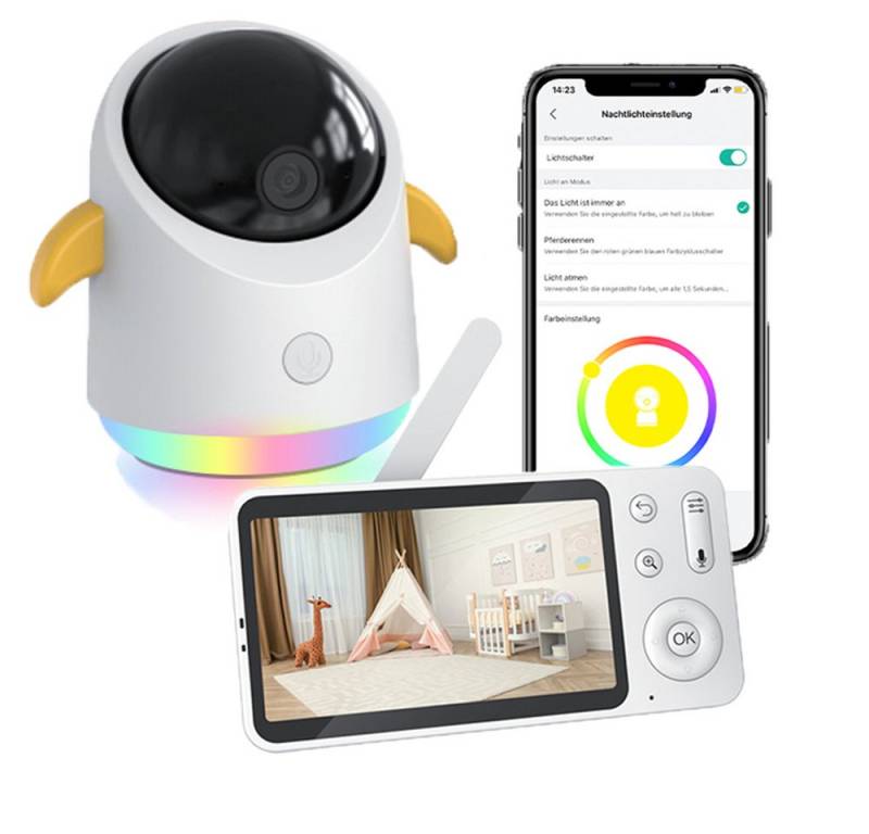 Boifun Babyphone 5 Zoll 360 Gard WLAN Video Babyfon mit App Intelligentes Nachtlicht, PTZ 360°, IR-Nachtsicht, Automatische Verfolgung, Weinen/Bewegungs/Geräuscherkennung, 1-tlg., Temperaturanzeige,Mobile App Steuerung4×Zoom, Bewegungsverfolgung, Mit anderen Familienmitgliedern Teilen von Boifun
