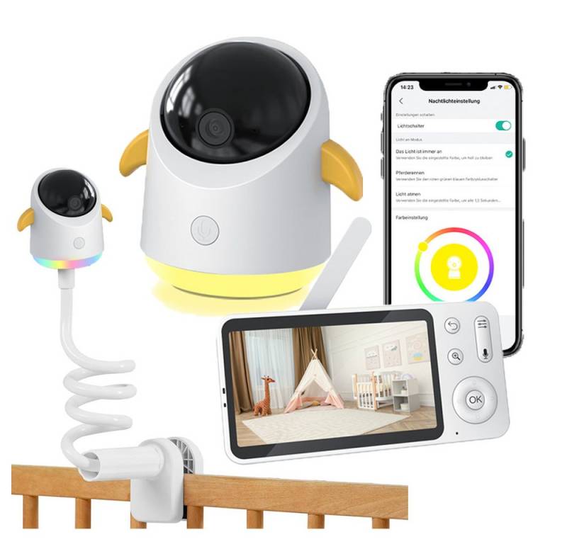 Boifun Babyphone 5 Zoll Babyphone mit Kamera App mit Halterung, Split-Screen-Anzeige 2K HD Bild PTZ 355°/60° 4×Zoom, 1-tlg., Automatische Verfolgung Weinen/Bewegungs/Geräuscherkennung, Temperatur und Feuchtigkeitsmessung von Boifun