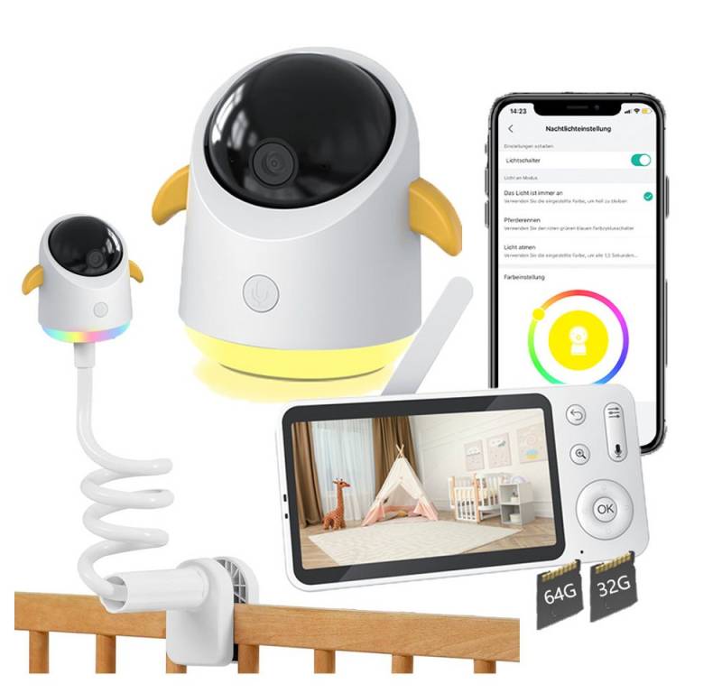 Boifun Babyphone 5 Zoll Babyphone mit Kamera App mit Halterung mit 32&64G Karte, Split-Screen-Anzeige 2K HD Bild PTZ 355°/60° 4×Zoom, 1-tlg., Automatische Verfolgung Weinen/Bewegungs/Geräuscherkennung, Temperatur und Feuchtigkeitsmessung von Boifun