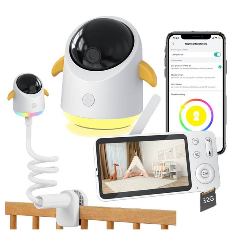 Boifun Babyphone 5 Zoll Babyphone mit Kamera App mit Halterung mit 32G Karte, Split-Screen-Anzeige 2K HD Bild PTZ 355°/60° 4×Zoom, 1-tlg., Automatische Verfolgung Weinen/Bewegungs/Geräuscherkennung, Temperatur und Feuchtigkeitsmessung von Boifun