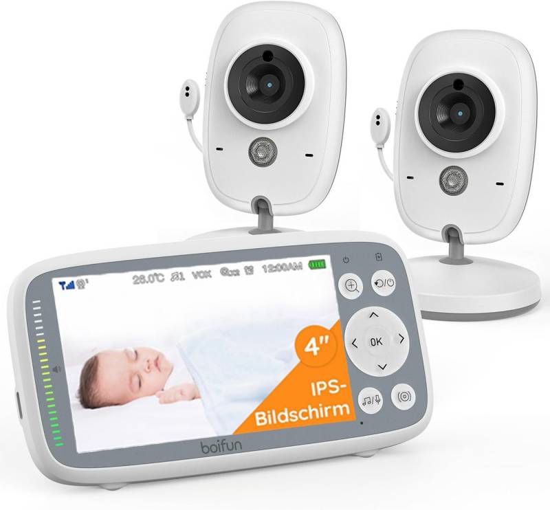 Boifun Babyphone Babyphone mit 2 Kameras App 4 Zoll Digital IPS Bildschirm, VOX Modus Zonenalarme Babyfon Wireless Wiegenlieder Nachtsicht, 1-tlg., 8 Schlaflieder Two-Way Audio Temperaturüberwachung, 2024 Verbessert Babyphone ideal für Eltern von Boifun