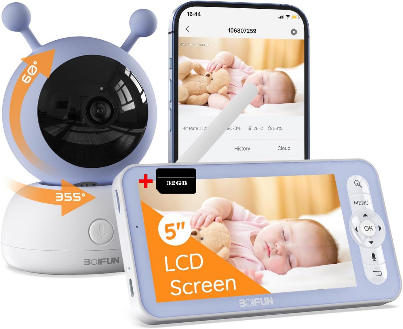 Boifun Babyphone Babyphone mit Kamera 5" großer Bildschirm und 32GB Karte, 4xZoom-Kamera, Zwei-Wege-Gespräch, Nachtsicht, 1-tlg., Wlan Video Babyfon,App & Bildschirmsteuerung, 1080p Full HD, Weinen/Bewegungs/Geräuscherkennung, Temperaturmessung Boifun Babyphone Babyphone mit Kamera 5" großer Bildschirm und 32GB Karte, 4xZoom-Kamera, Zwei-Wege-Gespräch, Nachtsicht, 1-tlg., Wlan Video Babyfon,App & Bildschirmsteuerung, 1080p Full HD, Weinen/Bewegungs/Geräuscherkennung, Temperaturmessung von Boifun