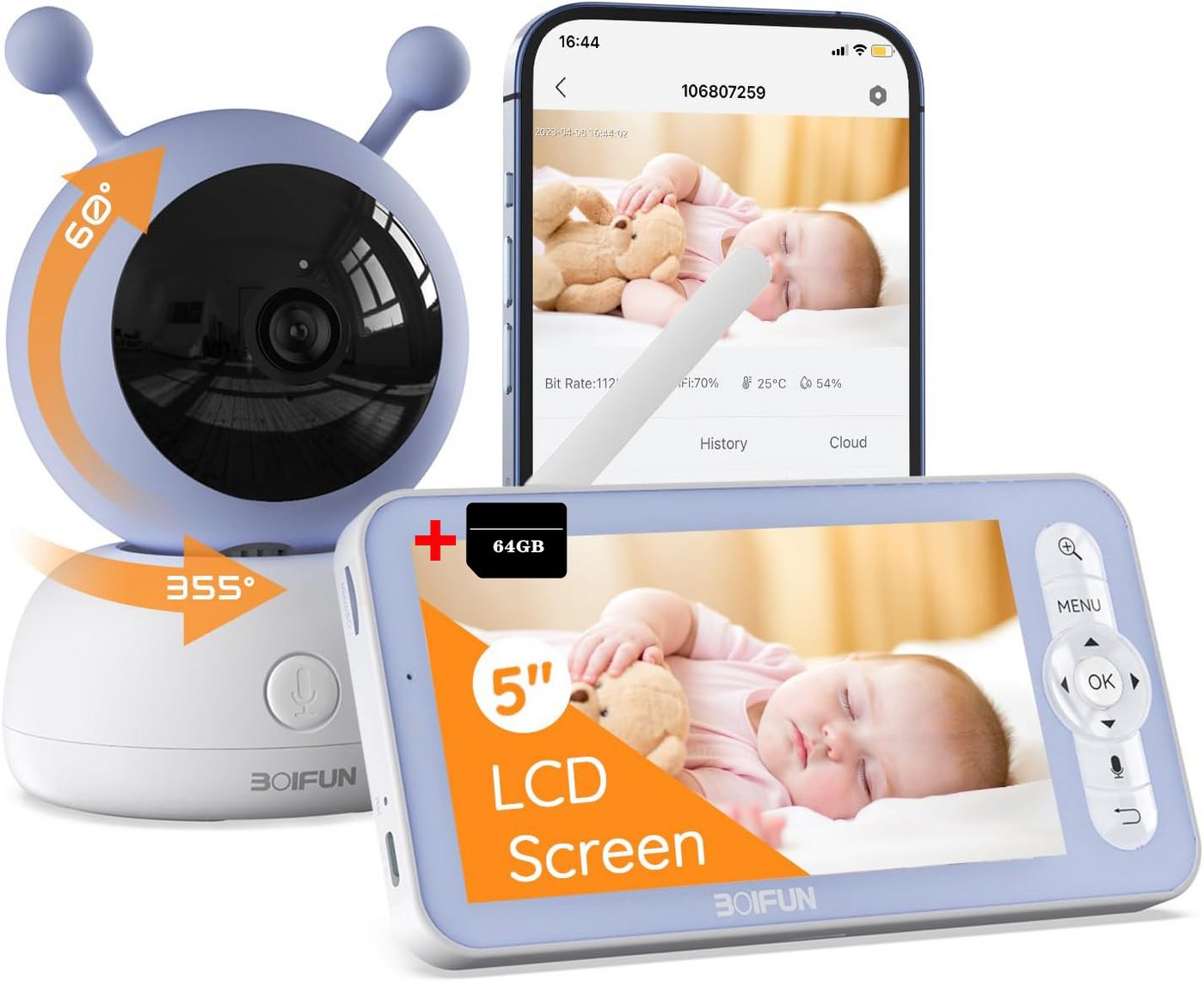 Boifun Babyphone Babyphone mit Kamera 5" großer Bildschirm und 64GB Karte, Infrarot Nachtsicht, Zwei-Wege-Audio,App & Bildschirmsteuerung, 1-tlg., Wlan Video Babyfon,300m Reichweite,4X Zoom,1080p Full HD, Weinen/Bewegungs/Geräuscherkennung, Temperaturmessung Boifun Babyphone Babyphone mit Kamera 5" großer Bildschirm und 64GB Karte, Infrarot Nachtsicht, Zwei-Wege-Audio,App & Bildschirmsteuerung, 1-tlg., Wlan Video Babyfon,300m Reichweite,4X Zoom,1080p Full HD, Weinen/Bewegungs/Geräuscherkennung, Temperaturmessung von Boifun