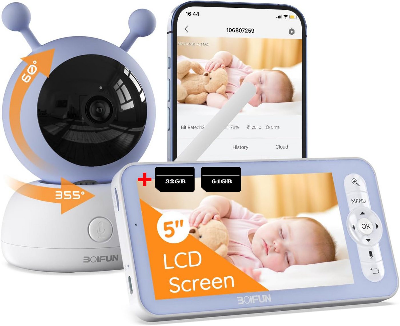 Boifun Babyphone Babyphone mit Kamera App 1080P 5" Video Babyphone HD-Nachtsicht, PTZ 355°/90° 4X-Zoom,Bewegungs und Geräuscherkennung, Temperatur und Luftfeuchtigkeitsüberwachung, Wiegenlied, Intelligente Rundum-Erkennung,Automatische Verfolgung,VOX-Funktion Boifun Babyphone Babyphone mit Kamera App 1080P 5" Video Babyphone HD-Nachtsicht, PTZ 355°/90° 4X-Zoom,Bewegungs und Geräuscherkennung, Temperatur und Luftfeuchtigkeitsüberwachung, Wiegenlied, Intelligente Rundum-Erkennung,Automatische Verfolgung,VOX-Funktion von Boifun