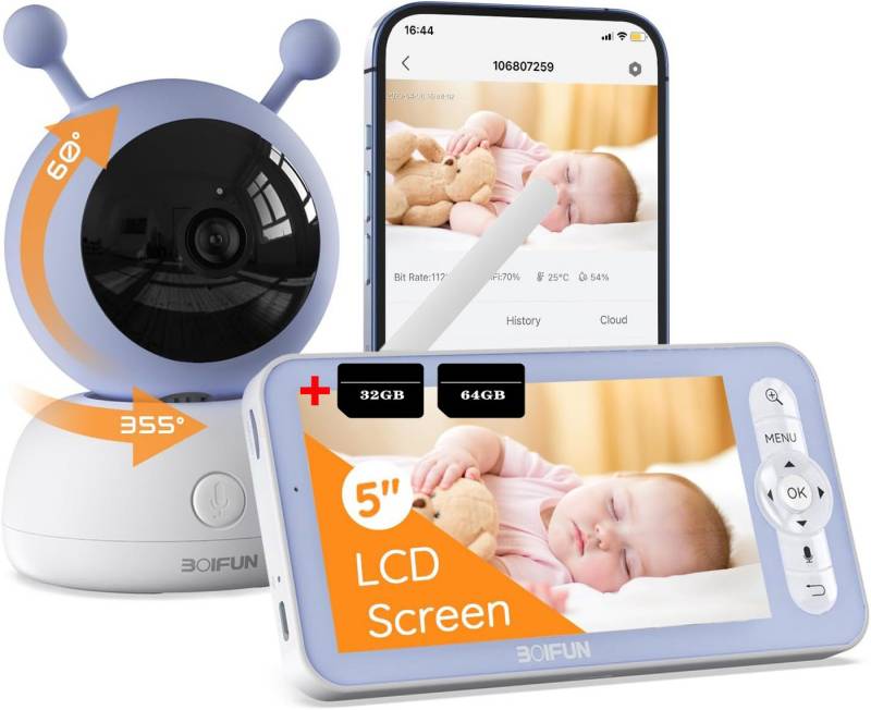 Boifun Babyphone Babyphone mit Kamera App 1080P 5" Video Babyphone HD-Nachtsicht, PTZ 355°/90° 4X-Zoom,Bewegungs und Geräuscherkennung, Temperatur und Luftfeuchtigkeitsüberwachung, Wiegenlied, Intelligente Rundum-Erkennung,Automatische Verfolgung,VOX-Funktion von Boifun