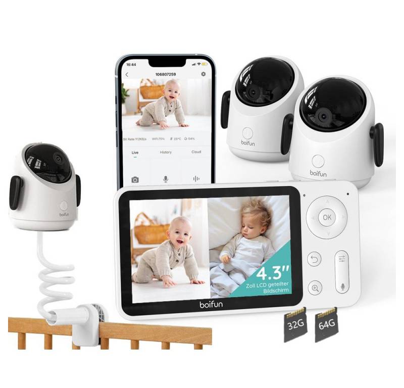 Boifun Babyphone WLAN Babyphone mit 2 Kameras und APP 4,3" Video Babyfon mit Halterung, 4-facher Zoom IR-Nachtsicht Videoüberwachungsgeräte, 4,3" IPS-Display Babyphone Kamera WLAN 2MP Video Babyfon mit App, Zwei-Wege-Audio Cloud/Speicher Karte PTZ 360° von Boifun