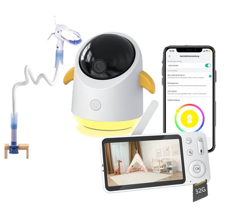 Boifun Babyphone WLAN Video Babyphone mit Kamera 5 Zoll mit Halterung mit 32G Karte, 5 Zoll Baby Monitor with Kamera und APP, PTZ, IR Nachtsicht, Nachtsicht, Nachtlicht, 1-tlg., Schlaflieder,Weinen/Bewegungs/Geräuscherkennung, Temperaturerkennung, 4×Zoom, Bewegungsverfolgung, IR Nachtsicht von Boifun