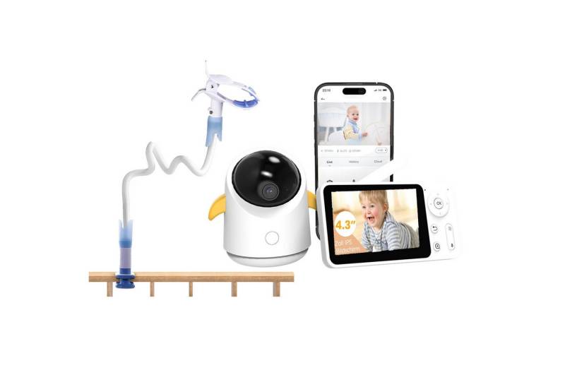 Boifun Video-Babyphone 1080P Babyphone mit Kamera und App mit 4.3" Display PTZ, Video Babyfon mit Kamera Temperatursensor Wiegenlied IR Nachtsicht, 4×Zoom 2 Wege Audio VoX Mode Automatische Verfolgung One-Touch-Anruf, Weinen/Bewegungs/Geräuscherkennung hohe Reichweite von Boifun