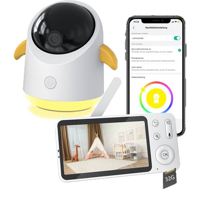 Boifun Video-Babyphone 2K 3MP Babyphone mit Kamera WLAN Video Babyfone mit 32GB Karte, PTZ 355°, 4×Zoom,IR Nachtsicht, Zwei-Wege-Audio, Nachtlicht, 1-tlg., Weinen/Bewegungs/Geräuscherkennung, Temperaturmessung, APP&LCD Monitor Streuerung+Nachtlicht,300m Reichweite von Boifun