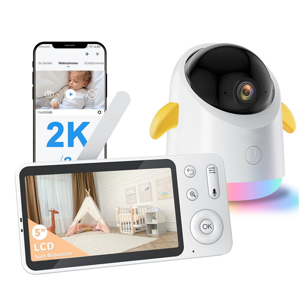 Boifun Video-Babyphone 2K Babyphone mit Kamera 5" UHD Babyphone 3000mAh Akku, PTZ 355°, 4×Zoom, Automatische Verfolgung IR Nachtsicht, 1-tlg., Weinen/Bewegungs/Geräuscherkennung, Temperaturmessung, APP&LCD Monitor Streuerung+Nachtlicht,300m Reichweite von Boifun