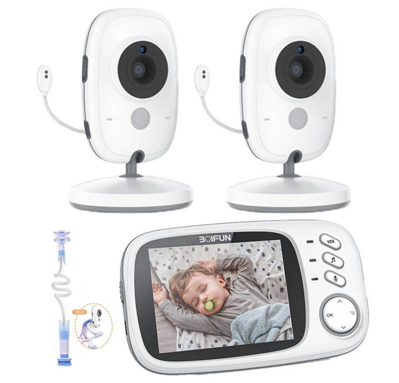 Boifun Video-Babyphone 3.2" Babyphone mit 2 Kameras 3,2 Zoll Video Baby Monitor, mit VOX Modus Nachtsicht Gegensprechfunktion Schlaflieder, 8 Wiegenlieder,Fütterung salarm,Präzisere externe Temperatursensoren, Unterstützt 8 Sprachen privater Datenschutz von Boifun