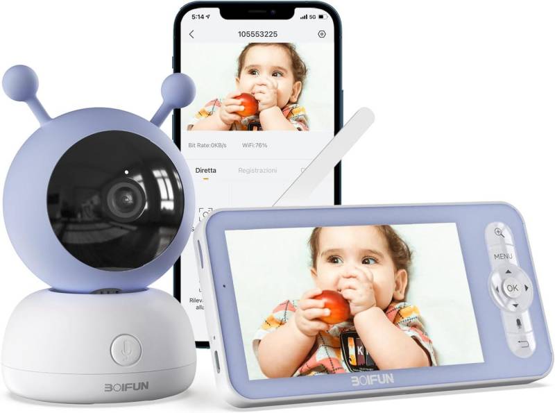 Boifun Video-Babyphone 5,0-Zoll Babyphone mit Kamera 1080P 1/2,9" CMOS Temperatur Nachtsich, PTZ 355°/90° 4X-Zoom,Bewegungs und Geräuscherkennung, Temperatur und Luftfeuchtigkeitsüberwachung, Wiegenlied, Intelligente Rundum-Erkennung,Automatische Verfolgung,VOX-Funktion von Boifun