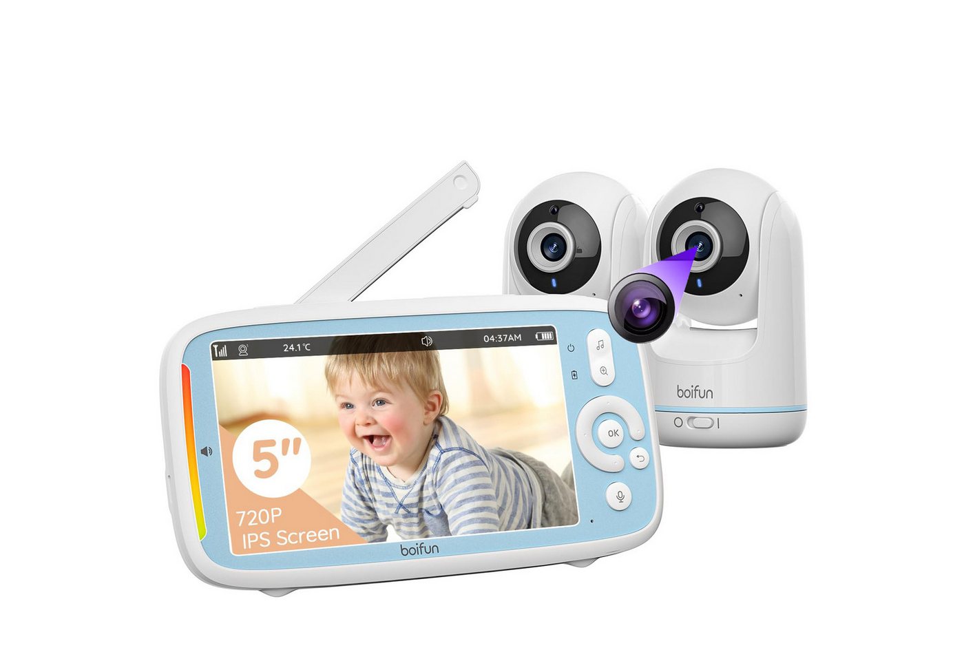 Boifun Video-Babyphone Babyphone mit 2 Kamera 5 " Baby Monitor 720p Baby Phone Digitalzoom, Video Babyfon mit App, 3×Zoom, IR-Nachtsicht, 2-Wege-Audio, Temperaturüberwachung Schlaflied Wecker,VOX-Modus, 940nm unsichtbare infrarot-Nachtsicht,Unterstutzt bis zu 4 Kameras Boifun Video-Babyphone Babyphone mit 2 Kamera 5 " Baby Monitor 720p Baby Phone Digitalzoom, Video Babyfon mit App, 3×Zoom, IR-Nachtsicht, 2-Wege-Audio, Temperaturüberwachung Schlaflied Wecker,VOX-Modus, 940nm unsichtbare infrarot-Nachtsicht,Unterstutzt bis zu 4 Kameras von Boifun
