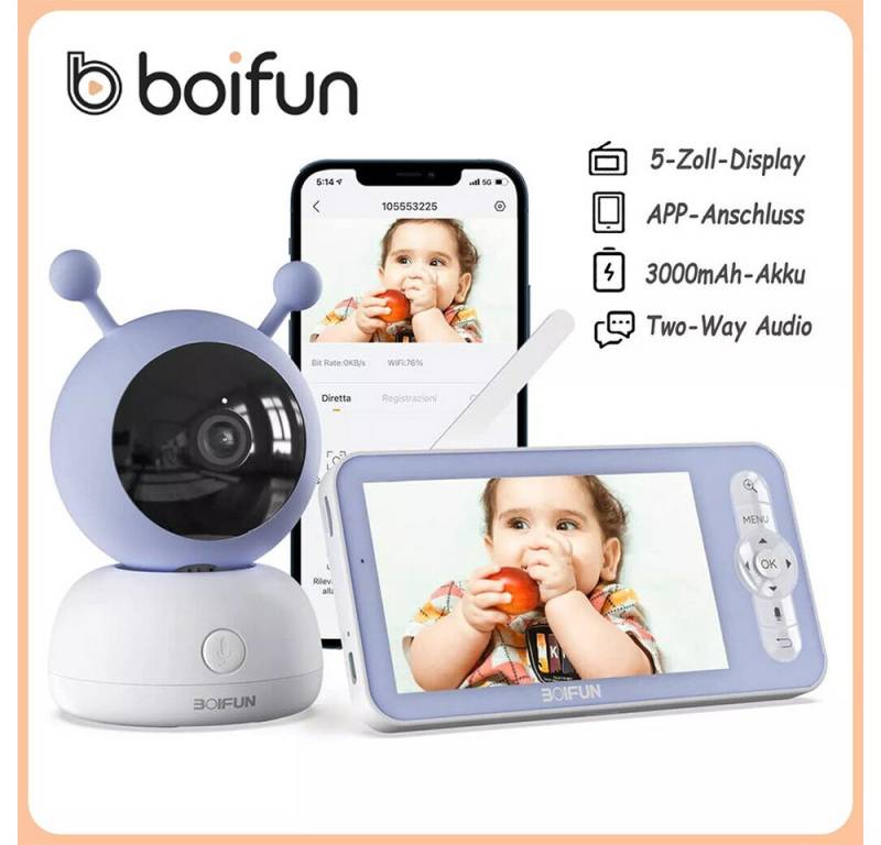 Boifun Video-Babyphone Babyphone mit Kamera 5 Zoll 1080P HD Video Babyphone 3000mA Batterie, Intelligente Rundum-Erkennung,Automatische Verfolgung,VOX-Funktion, PTZ 355°/90° 4X-Zoom,Bewegungs und Geräuscherkennung, Temperatur und Luftfeuchtigkeitsüberwachung, Wiegenlied von Boifun