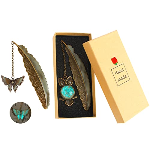 Boisbresil 2 Stück Feder Lesezeichen Metall mit Schmetterling Anhänger Fluoreszierende Lesezeichen Eule-Lesezeichen Vintage Federförmige Lesezeichen mit Schöner Box Bookmarks Simple für Leser Geschenk von Boisbresil