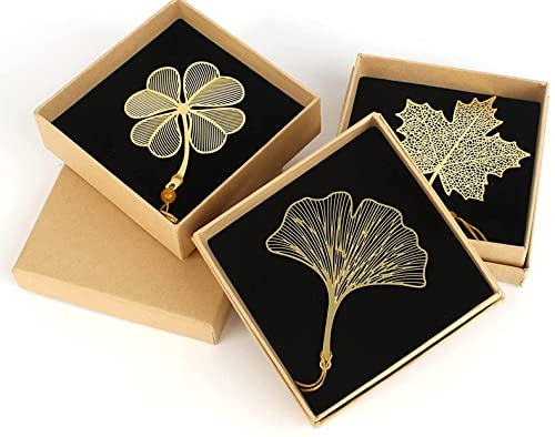 Boisbresil 3 Stück Metall Lesezeichen 3D Metall Leaf Lesezeichen mit Quaste Gold Klassisch lesezeichen Hohles Design Vierblättriges Kleeblatt Ginkgo Biloba Ahornblatt Lesezeichen mit Exquisit Box von Boisbresil