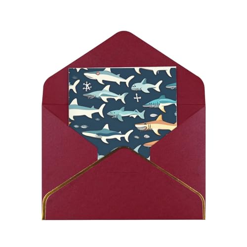 Boiwex Sharks Nautical Print Grußkarten/Karten mit Umschlägen, Karten-Set, Einladungen, Dankeskarten, Dunkelrot von Boiwex