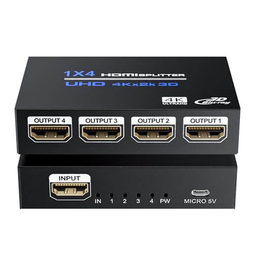 Bolaazul 4K HDMI-Splitter 1 in 4 Out, HDMI Gleichzeitig Mirror Adapter Verteiler 1x4 für 4 Displays, Unterstütz Full HD 4K/30Hz 1080p 3D HDCP 1.4 für PS3, PS4, Blu-Ray DVD Player, Projector von BolAAzuL