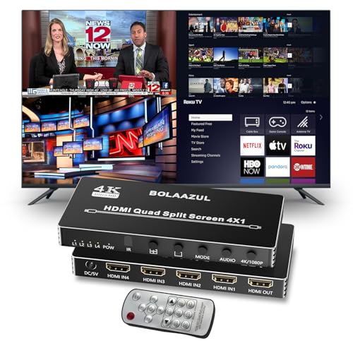 HDMI Multiviewer 4x1 1080p, BolAAzul 4 in 1 HDMI Quad-Bildschirm Multi Viewer Konverter Nahtloser HDMI Switcher für PS4 DVD Kamera PC zum TV Monitor von BolAAzuL