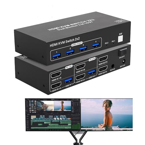 HDMI USB 3.0 KVM Switch 2 PC 2 Monitore 4K@60Hz, BolAAzuL KVM Switch 2 Port für 2 PCs teilen sich Dual Monitore und 4 USB 3.0-Anschlüsse mit 12V DC Netzteil und USB-Kabel, für Laptop, PC, PS5, Xbox von BolAAzuL